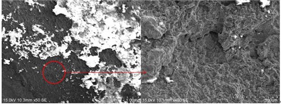 圖2 斷口源區(qū)宏、微觀形貌，沿晶特征+二次裂紋
