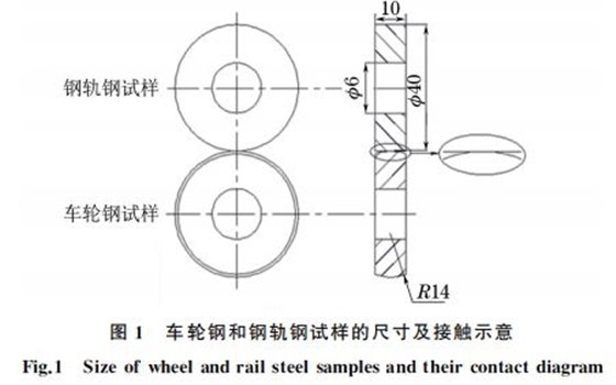 圖１ 車(chē)輪鋼和鋼軌鋼試樣的尺寸及接觸示意