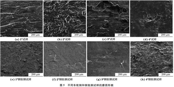 圖５ 不同車(chē)輪鋼和鋼軌鋼試樣的磨損形貌
