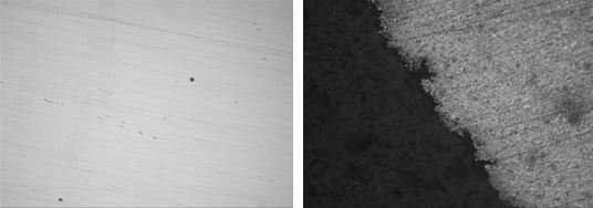 圖16-46 非金屬夾雜物 100&times; 圖16-47 拉絲線(xiàn)材表面裂紋及凹坑 100&times;